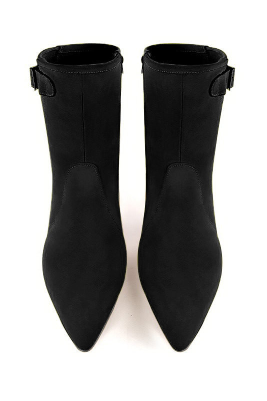 Matt black women's ankle boots with a zip on the inside. Tapered toe. Medium cone heels. Top view - Florence KOOIJMAN